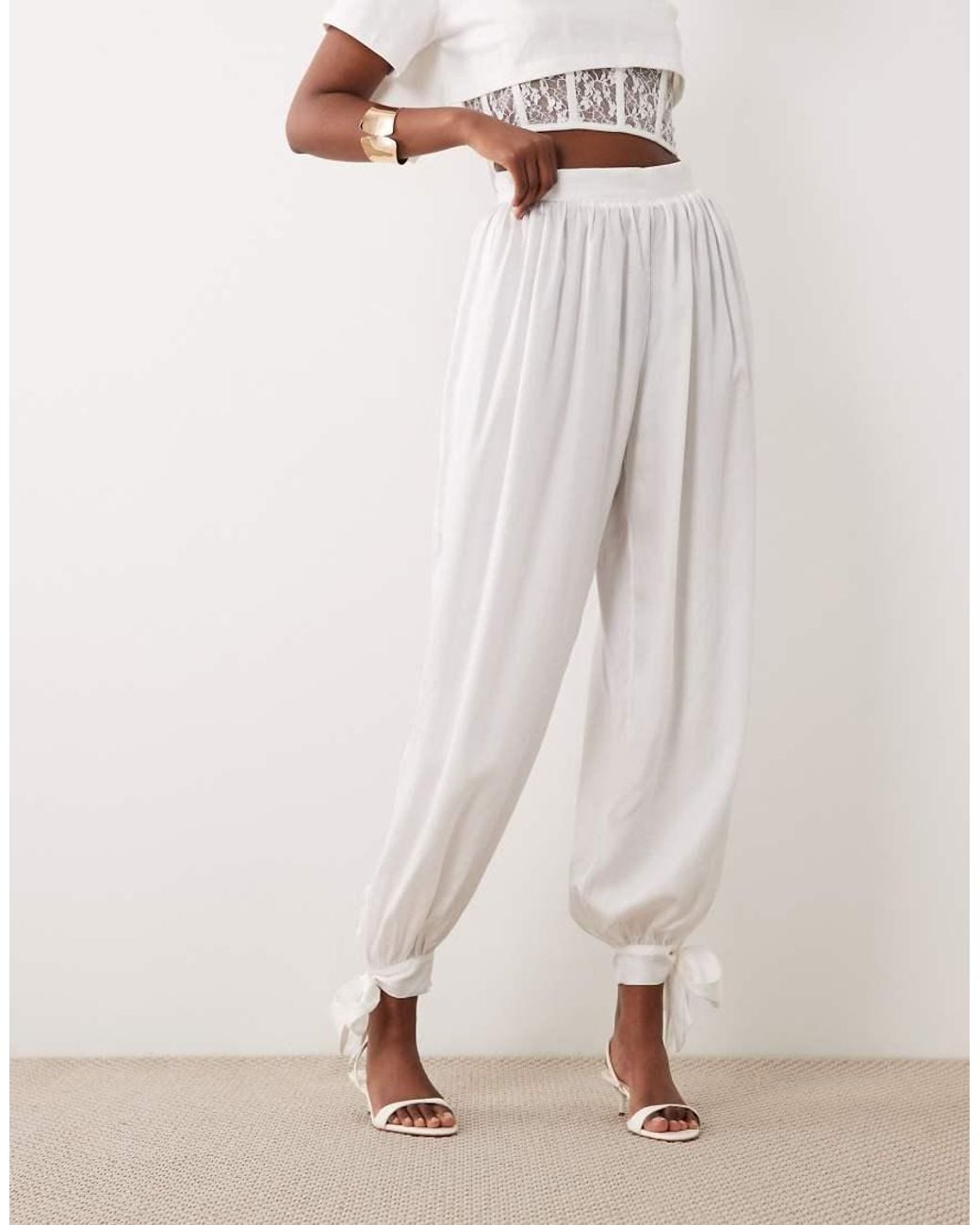 Noughts & Kisses Natural Satin Balloon Leg Tie Detail Trouser Co-Ord