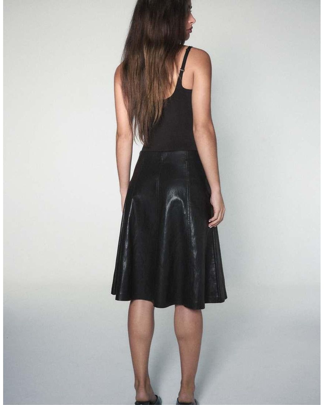 Stradivarius Black Leather Effect Flared Midi Skirt