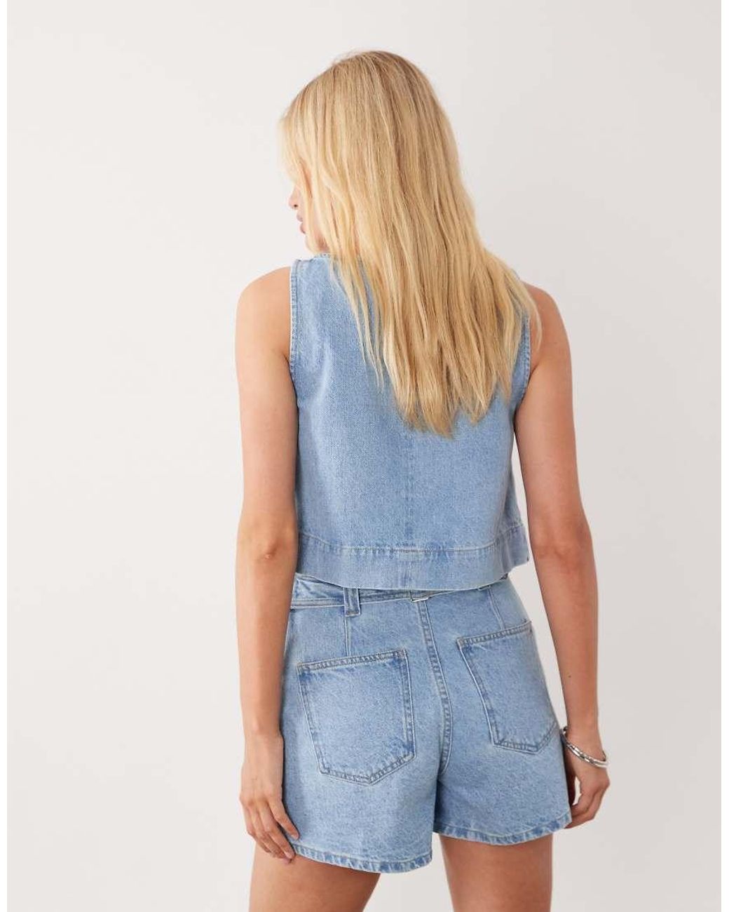 ASOS Blue Denim Pleat Front Short With Cinch Back Detail
