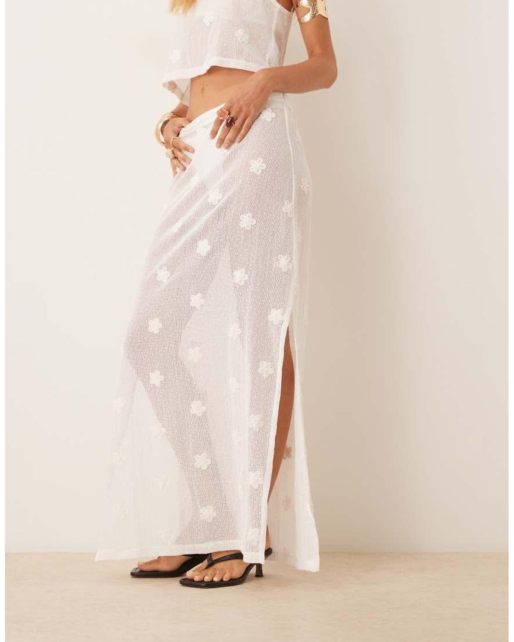 ASOS Natural Co-Ord Floral Embroidered Tie Side Detail Maxi Skirt