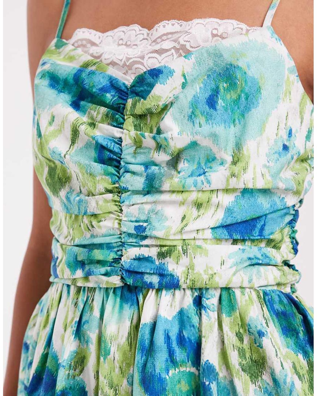 ASOS Blue Ruched Mini Dress With Lace