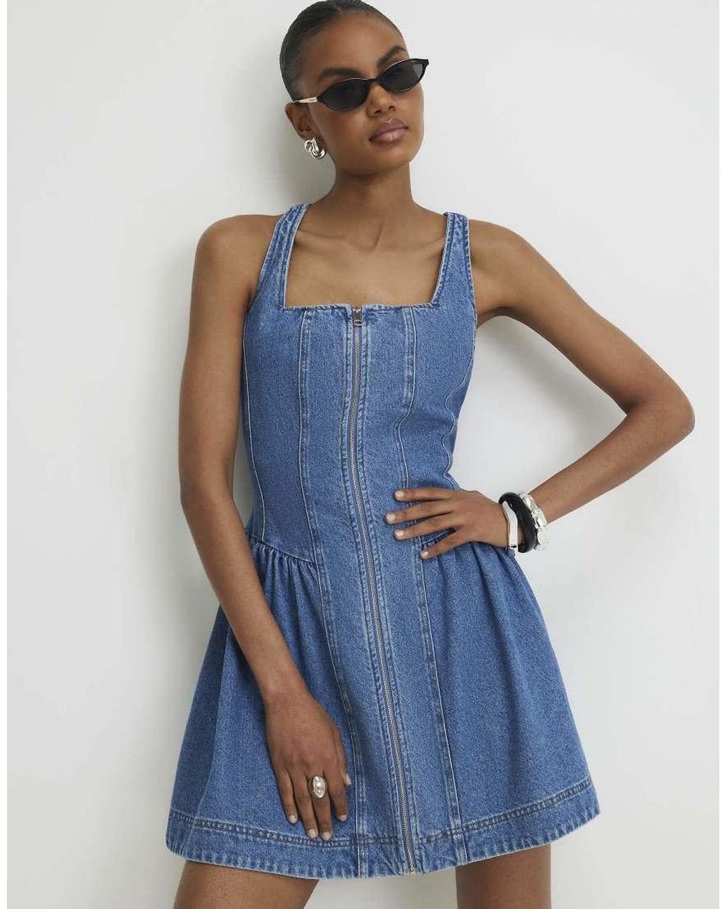 River Island Blue Denim Sleeveless Zip Front Swing Dress