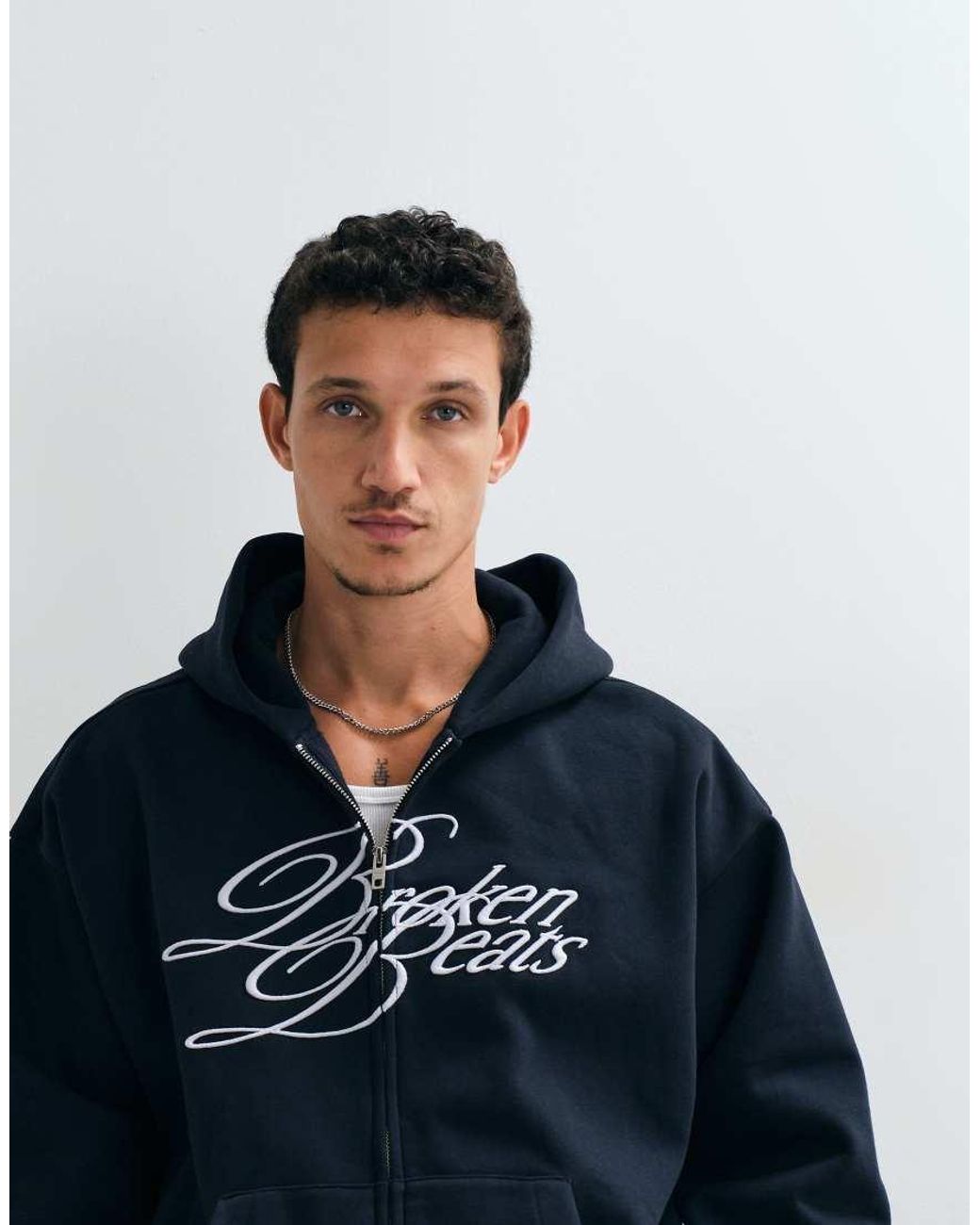 Weekday Blue Oversized Zip Up Hoodie With Broken Beats Embroidery for men