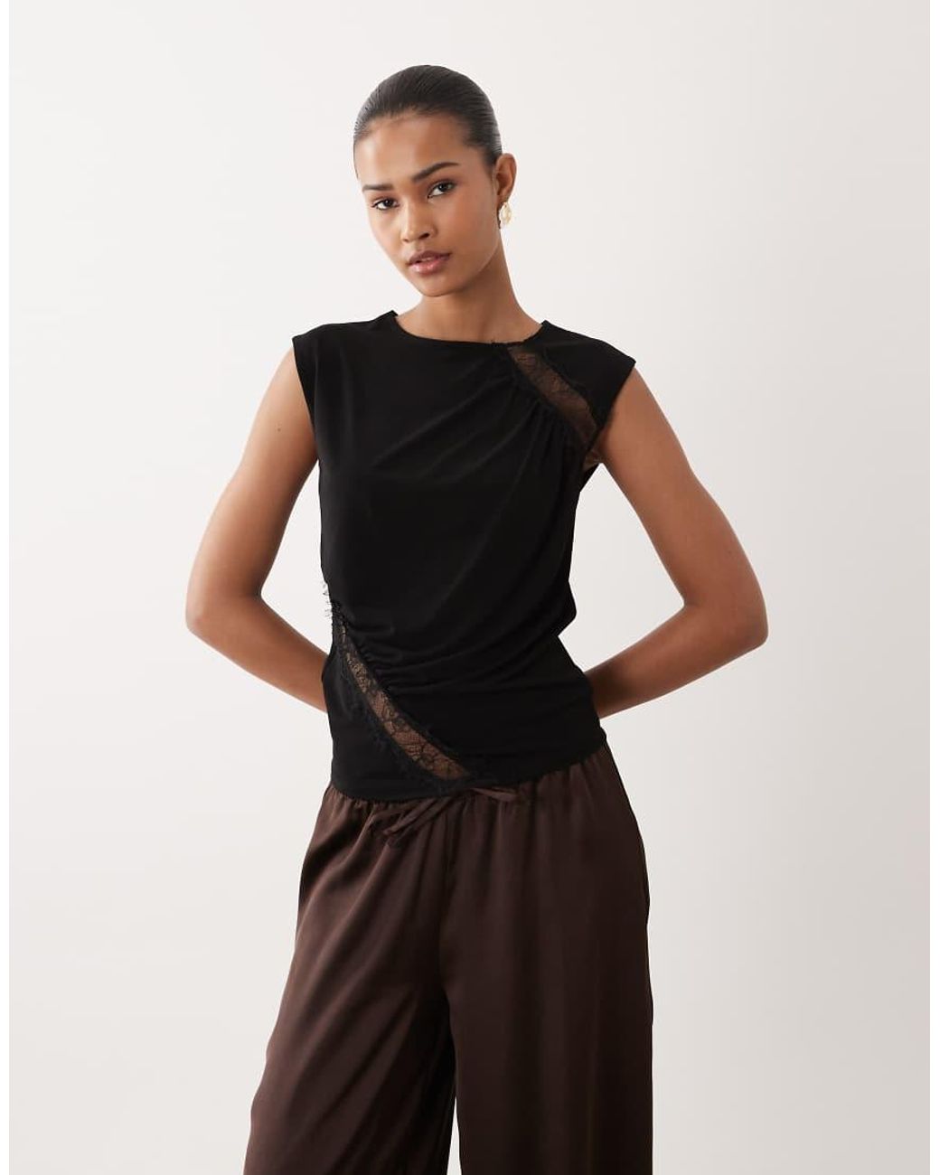 Mango Black Sheer Lace Detail Sleeveless Top