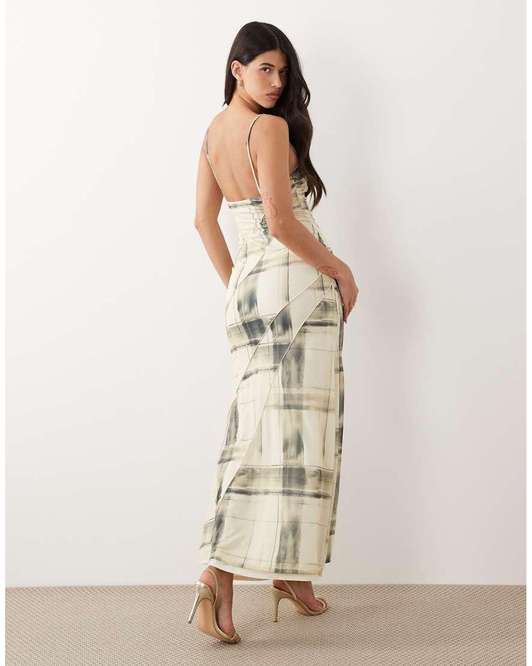 ASOS Natural Spliced Printed Check Cami Maxi Dress