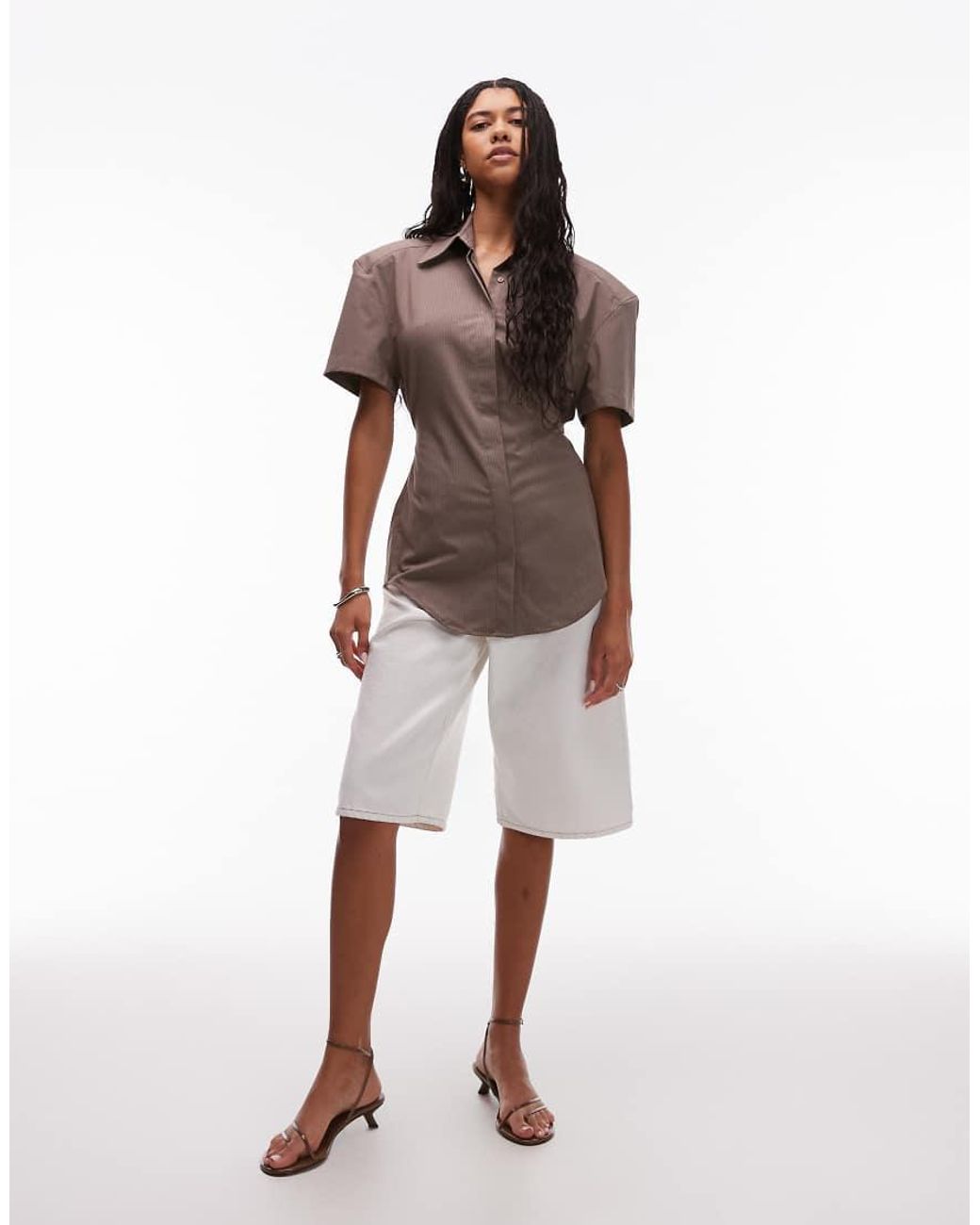 ASOS Brown Shoulder Pad Cinch Short Sleeve Shirt