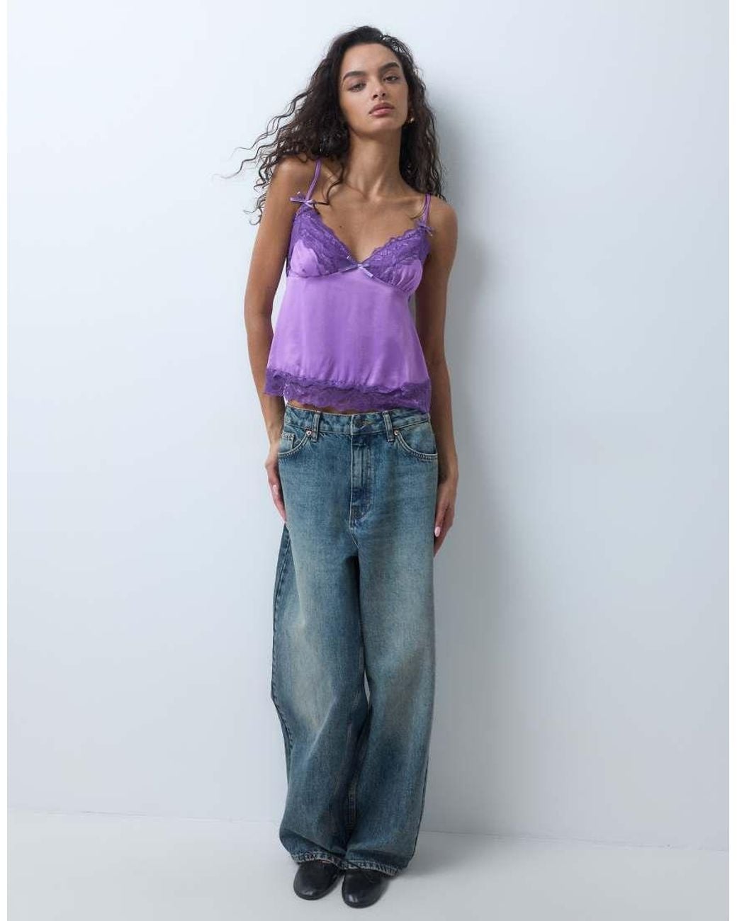 Miss Selfridge Purple Satin And Lace Cami Top