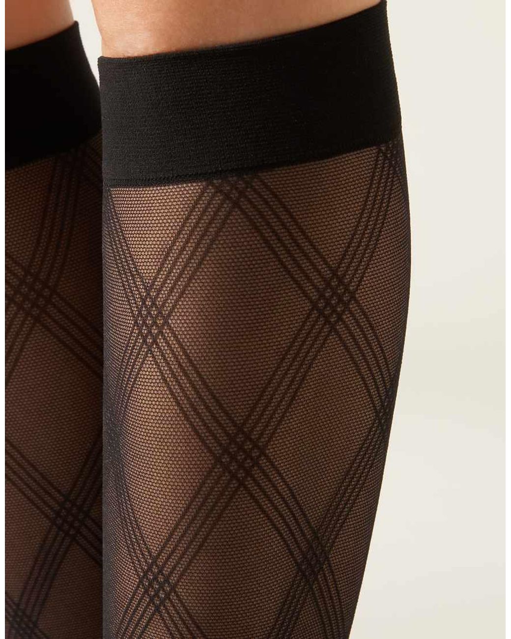 Calzedonia Black Diamond-Pattern Sheer Knee-High Socks