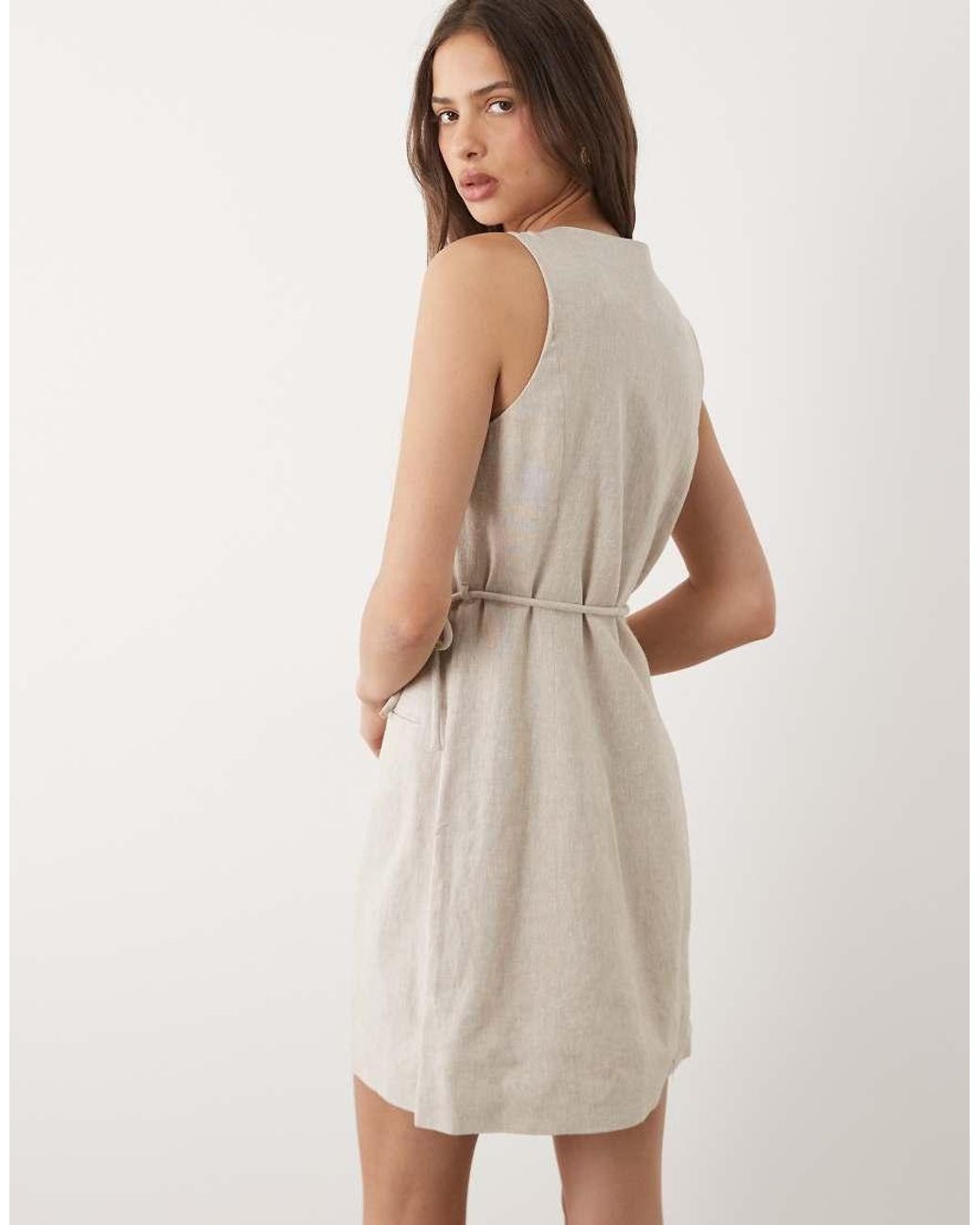 Y.A.S Natural Linen Blend Tailored Mini Dress With Purse Tie Detail