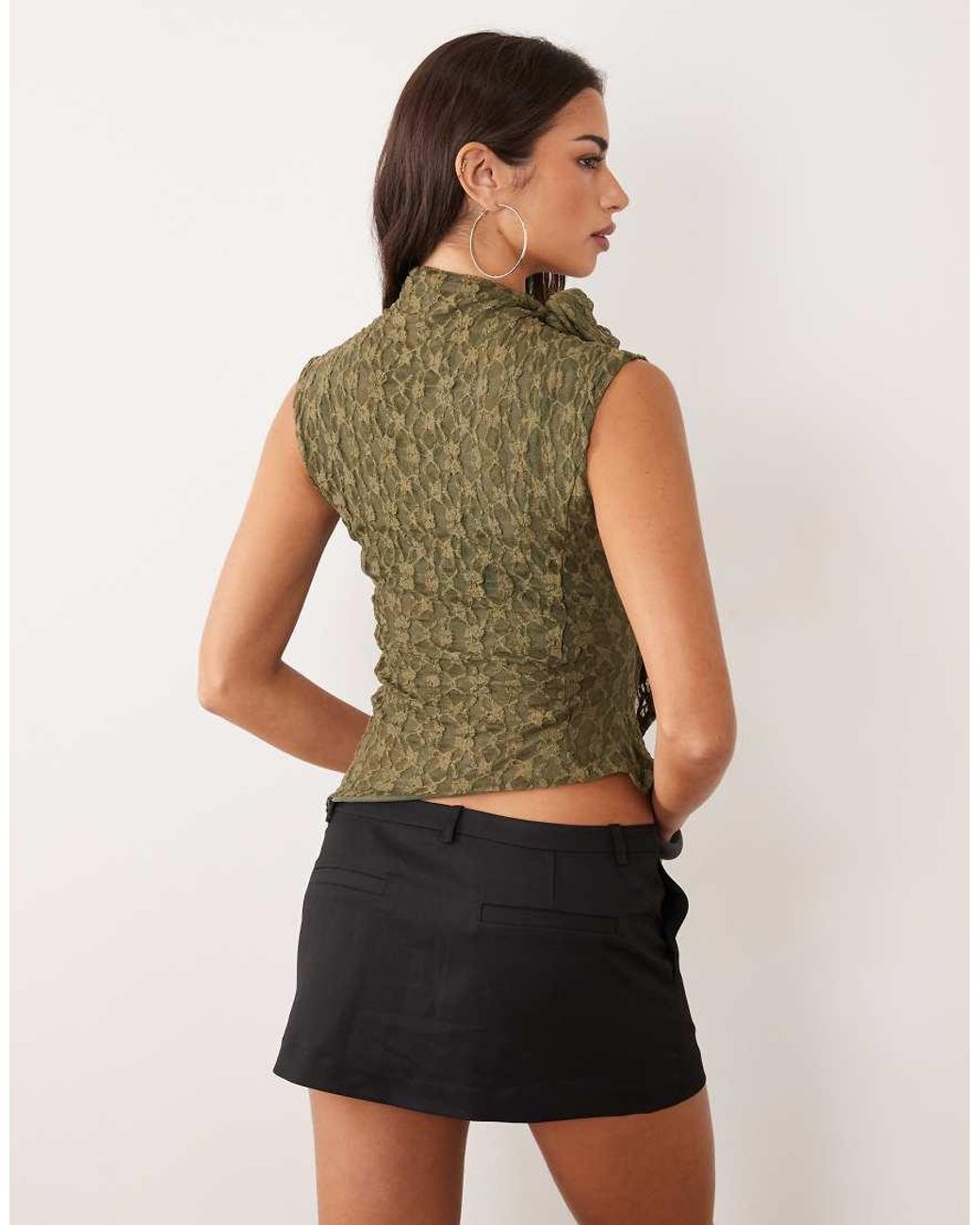 ASOS Green Sheer Lace Asymmetric Hem Tie Neck Top