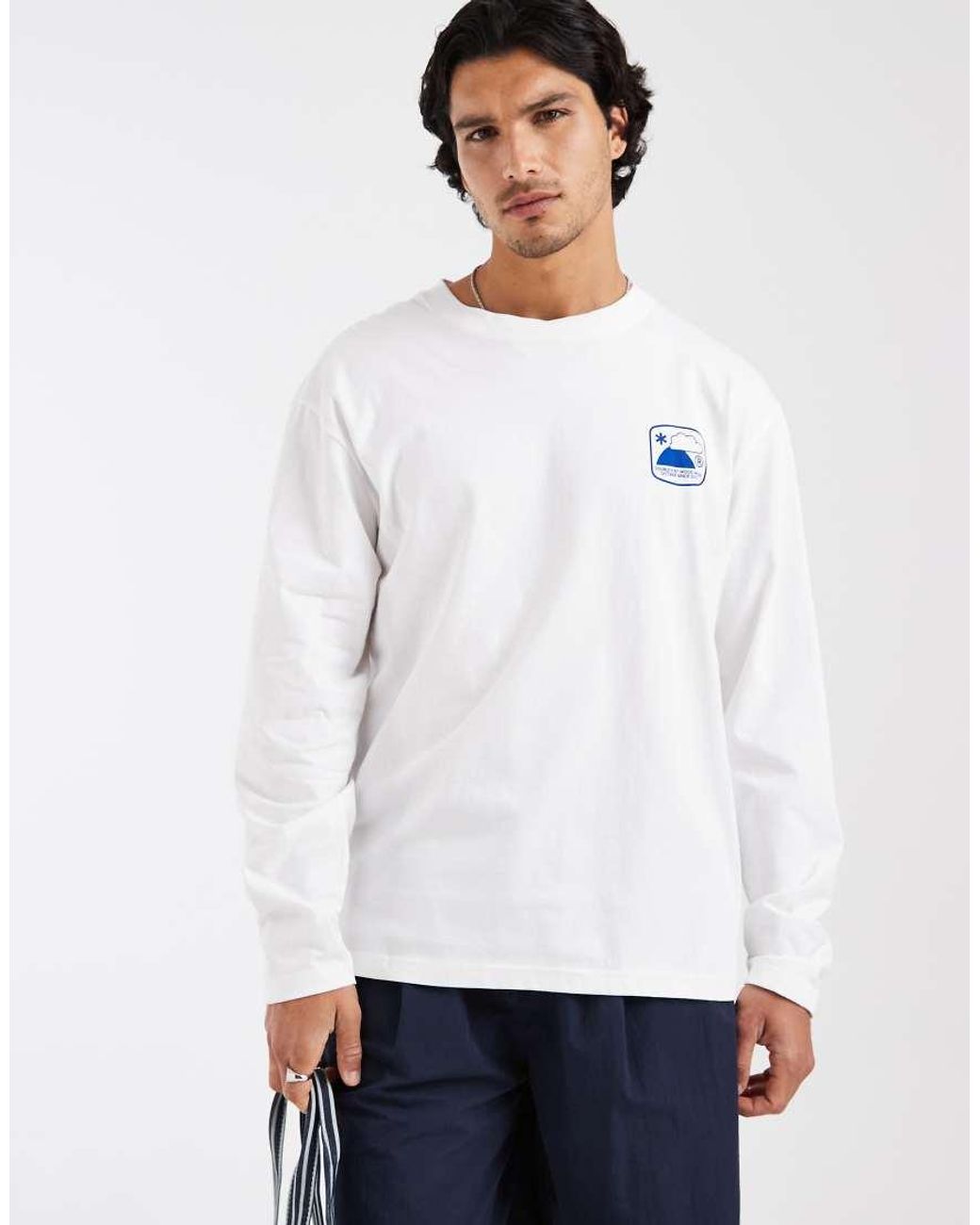 DOUBLE A by WOOD WOOD White 100% Cotton Liam Outsider Graphic Long Sleeve T-shirt for men