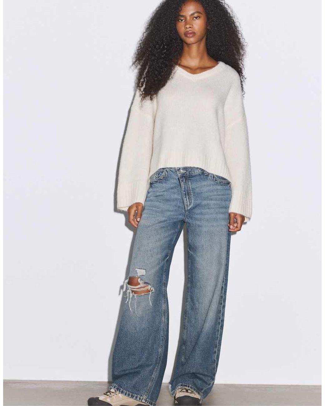 Stradivarius Blue V-Neck Knit Sweater