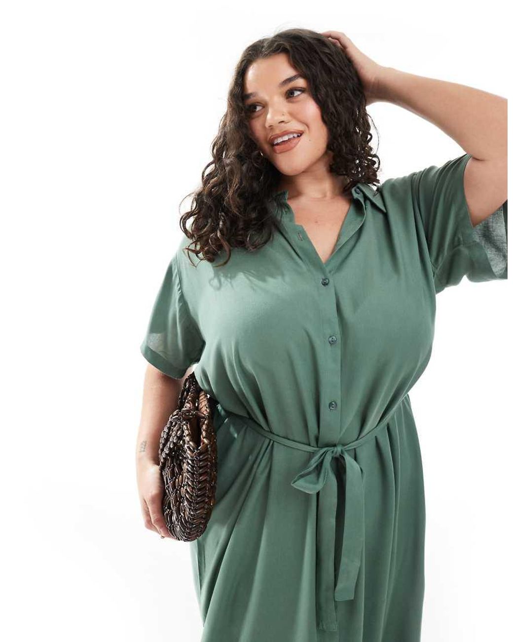 Vero Moda Green Shirt Midi Dress With Tie Belt