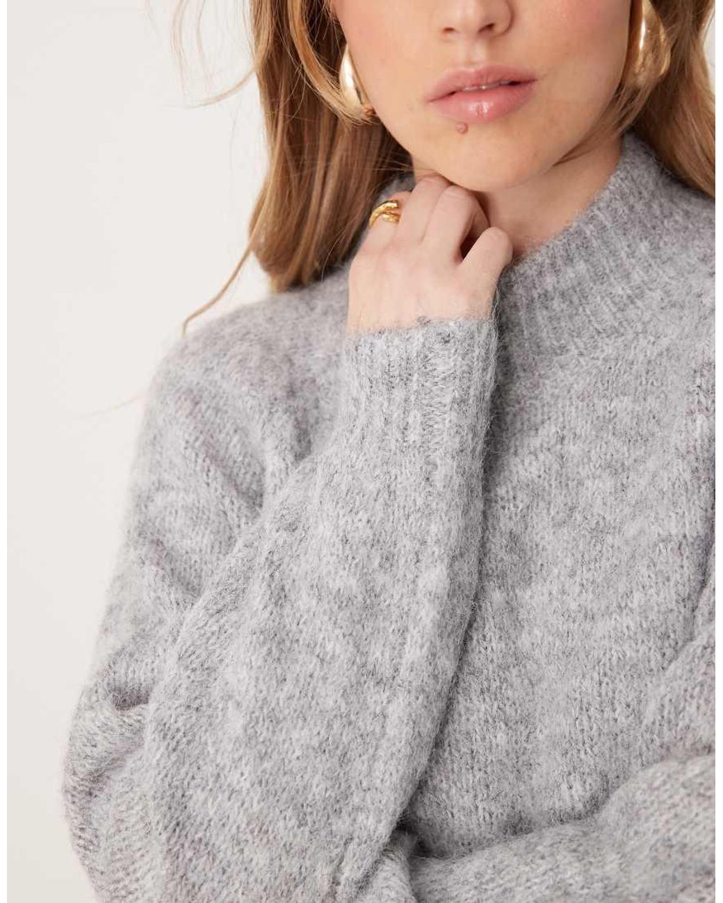Jdy Gray High Neck Textured Knitted Jumper