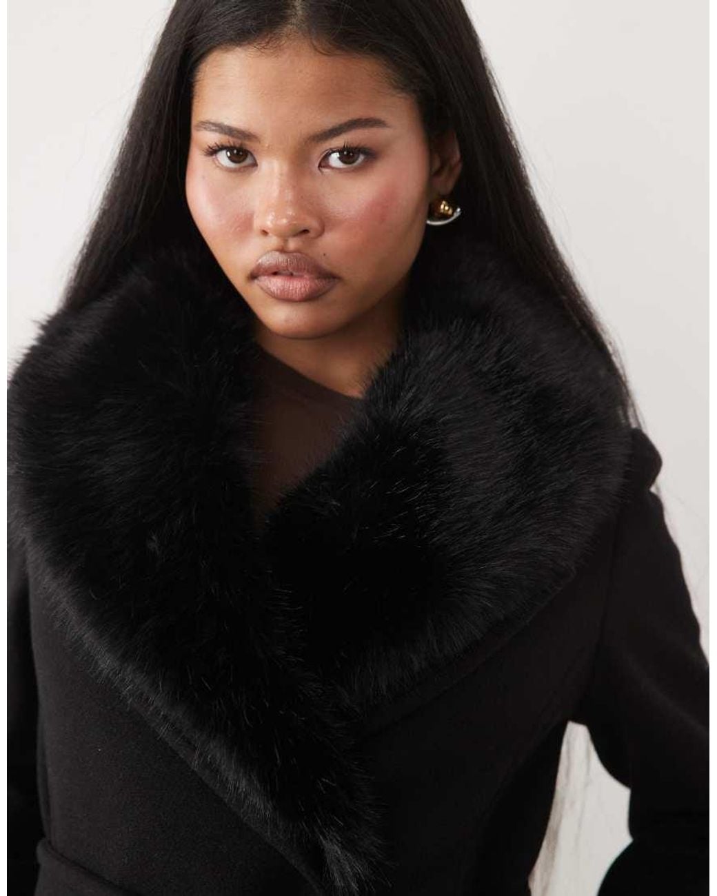 Forever New Black Faux Fur Tie Detail Coat
