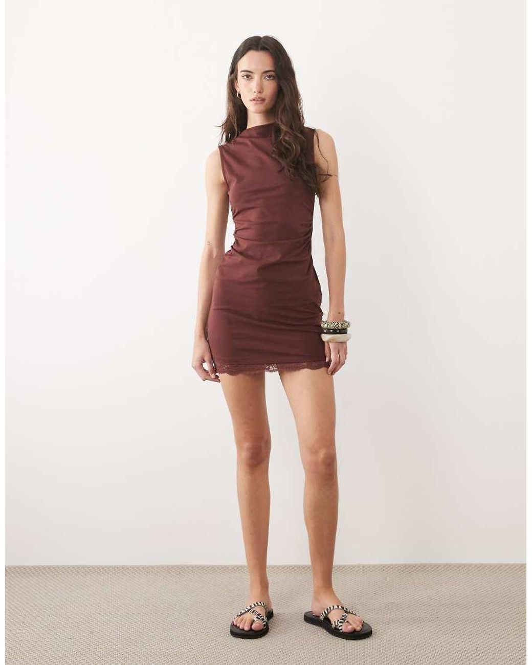 ASOS Red Sleeveless Ruched Waist Mini Dress With Lace Hem