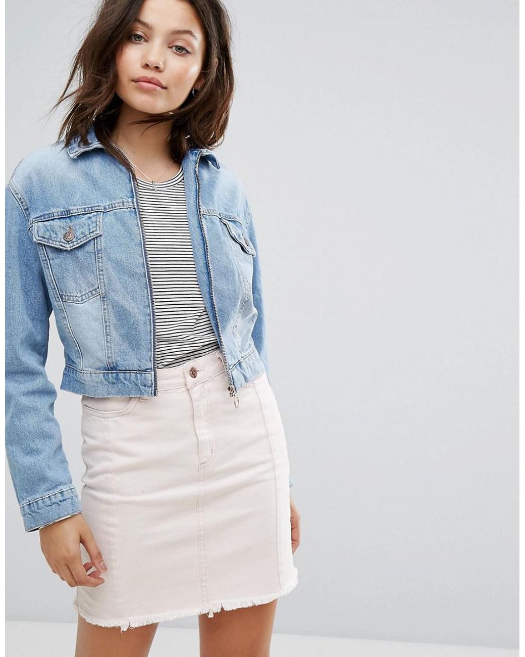 New Look Cropped Zip Front Denim Jacket 
