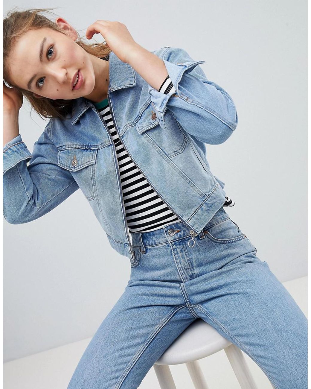 New Look Veste en jean courte avec fermeture éclair sur le devant femme de  coloris bleu