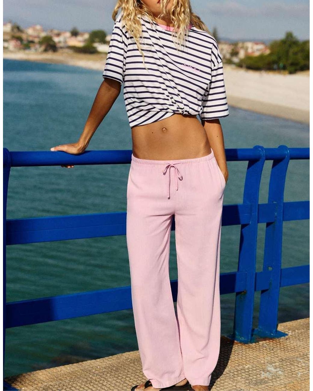 Pull&Bear Blue Striped Ribbed Text T-shirt