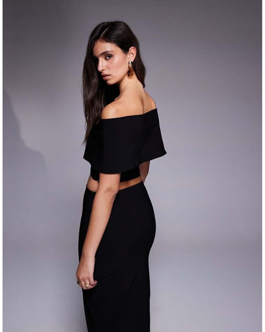 Vesper Black Bengaline Off Shoulder Twist Front Crop Top Co-ord