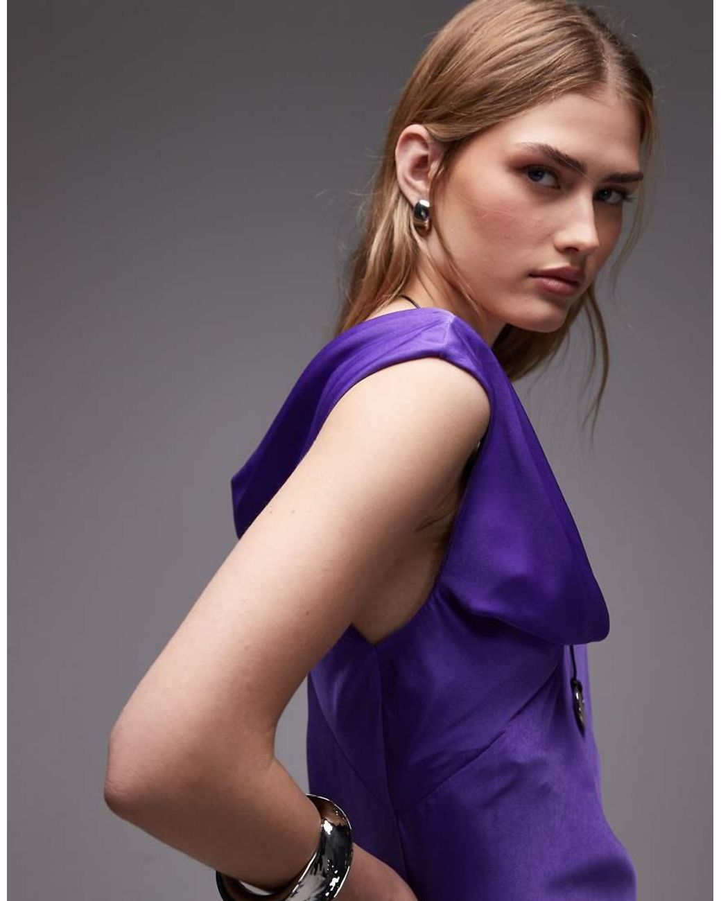 ASOS Purple Satin Maxi Dress With Cowl Front And Draped Sleeve