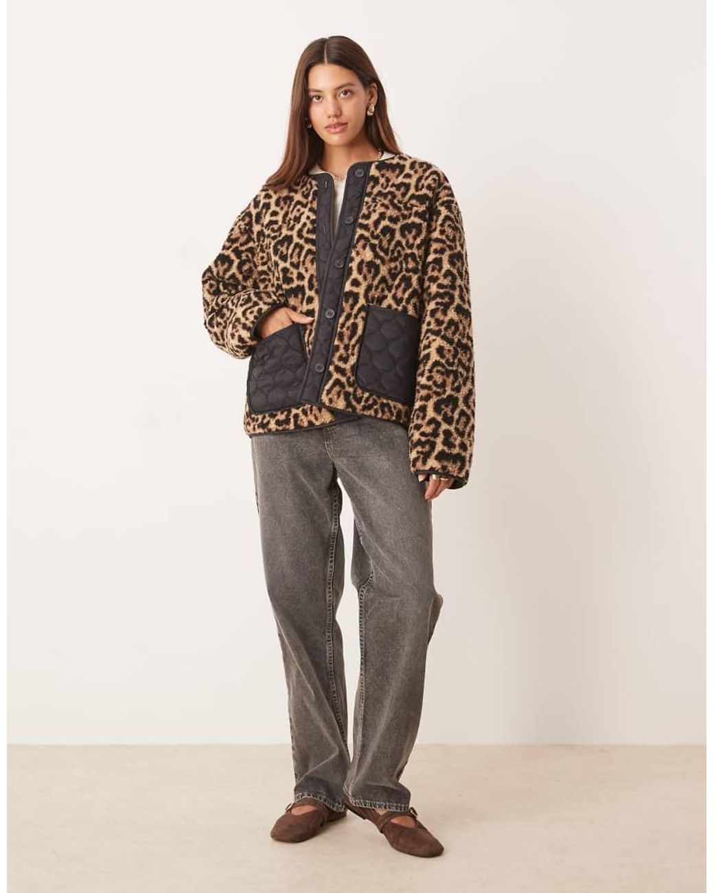 ASOS Natural Leopard Borg Fleece Jacket With Quilted Nylon Detail