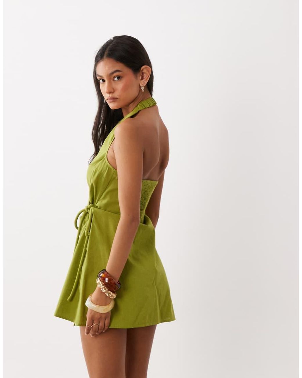 ASOS Green Cotton Linen Halter Neck Wrap Mini Sundress