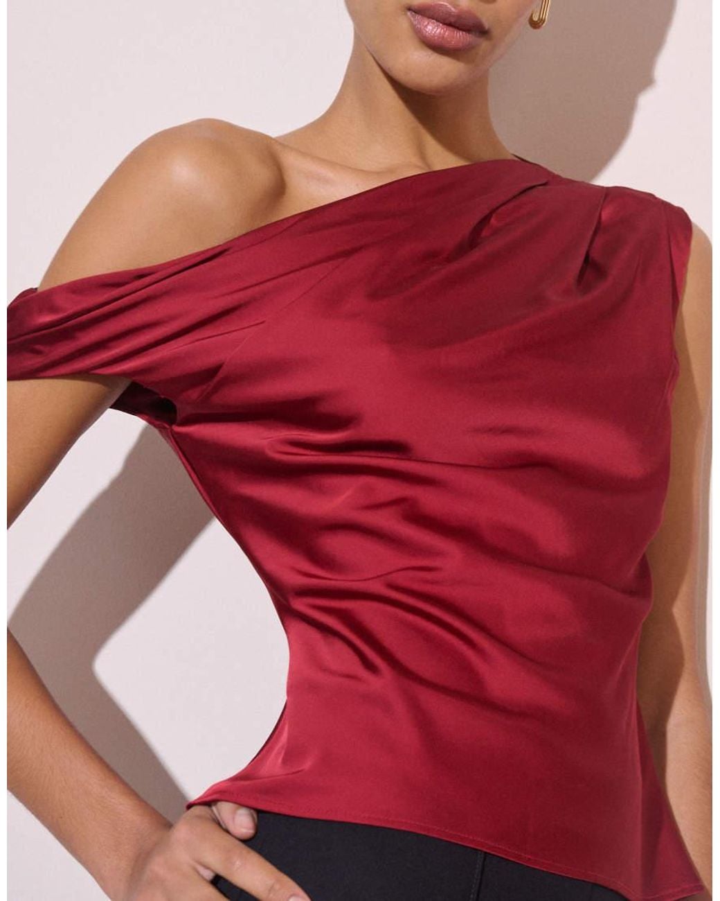 Nobody's Child Red Katty Satin One Shoulder Cap Sleeve Pleat Detail Top
