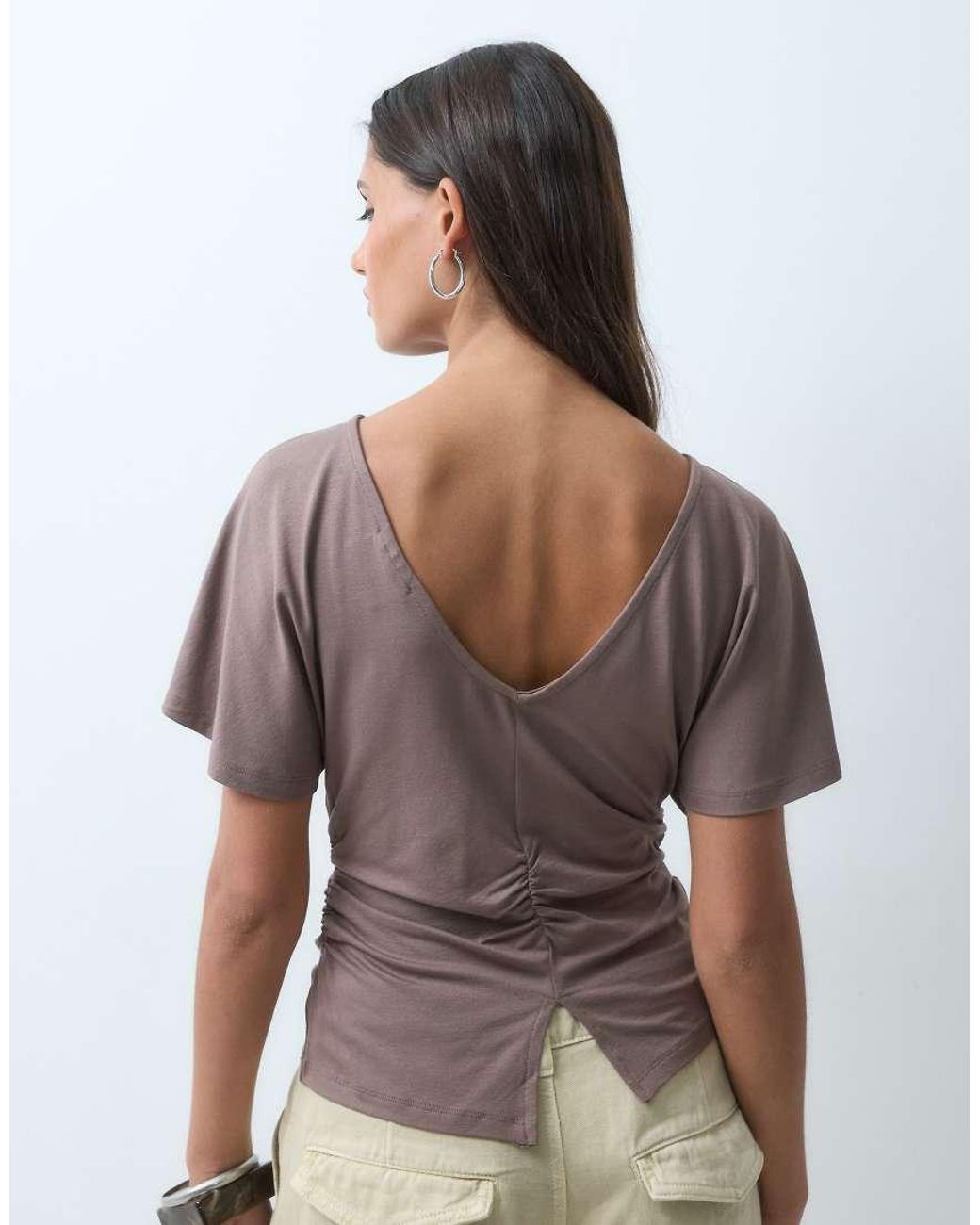 ASOS Brown Cinch Waist Angle Sleeve Tee With V Back Detail