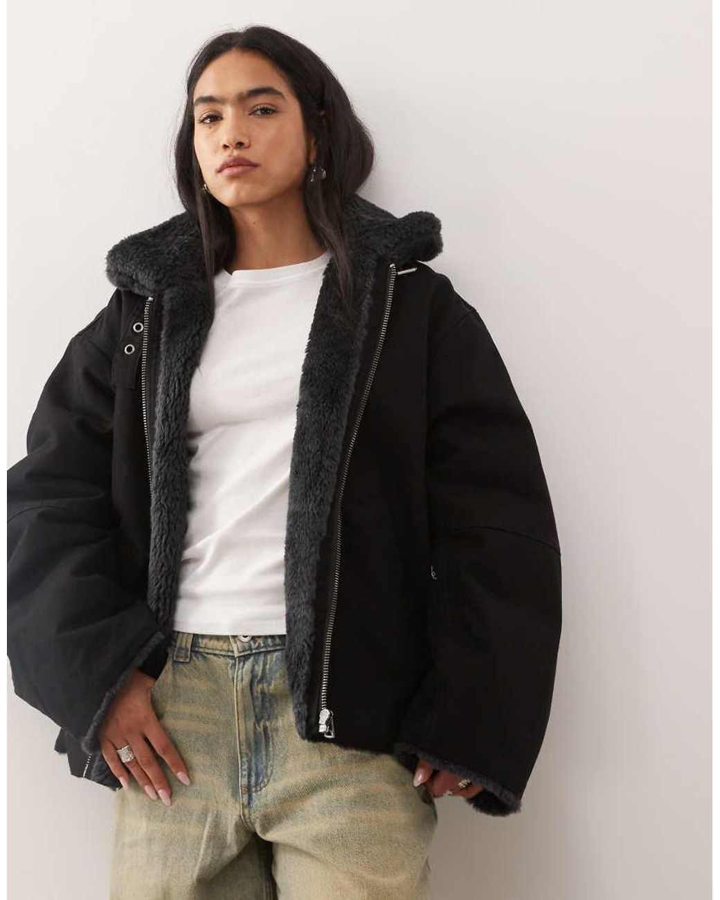 Weekday Black Canvas Jacket With Faux Fur Collar