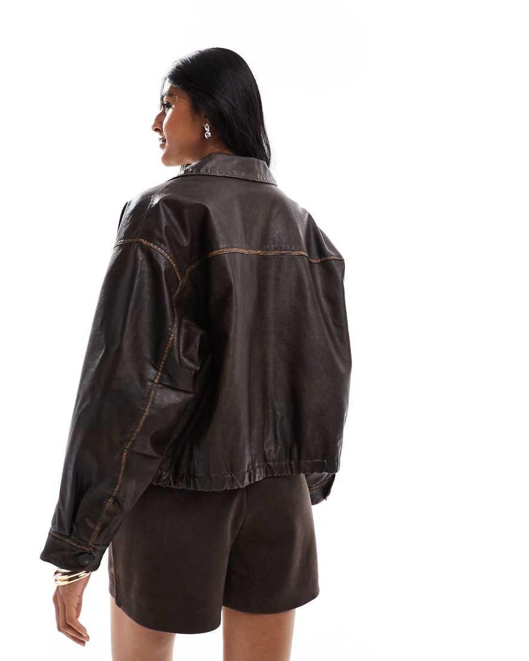 ASOS Black Vintage Wash Leather Look Bomber Jacket