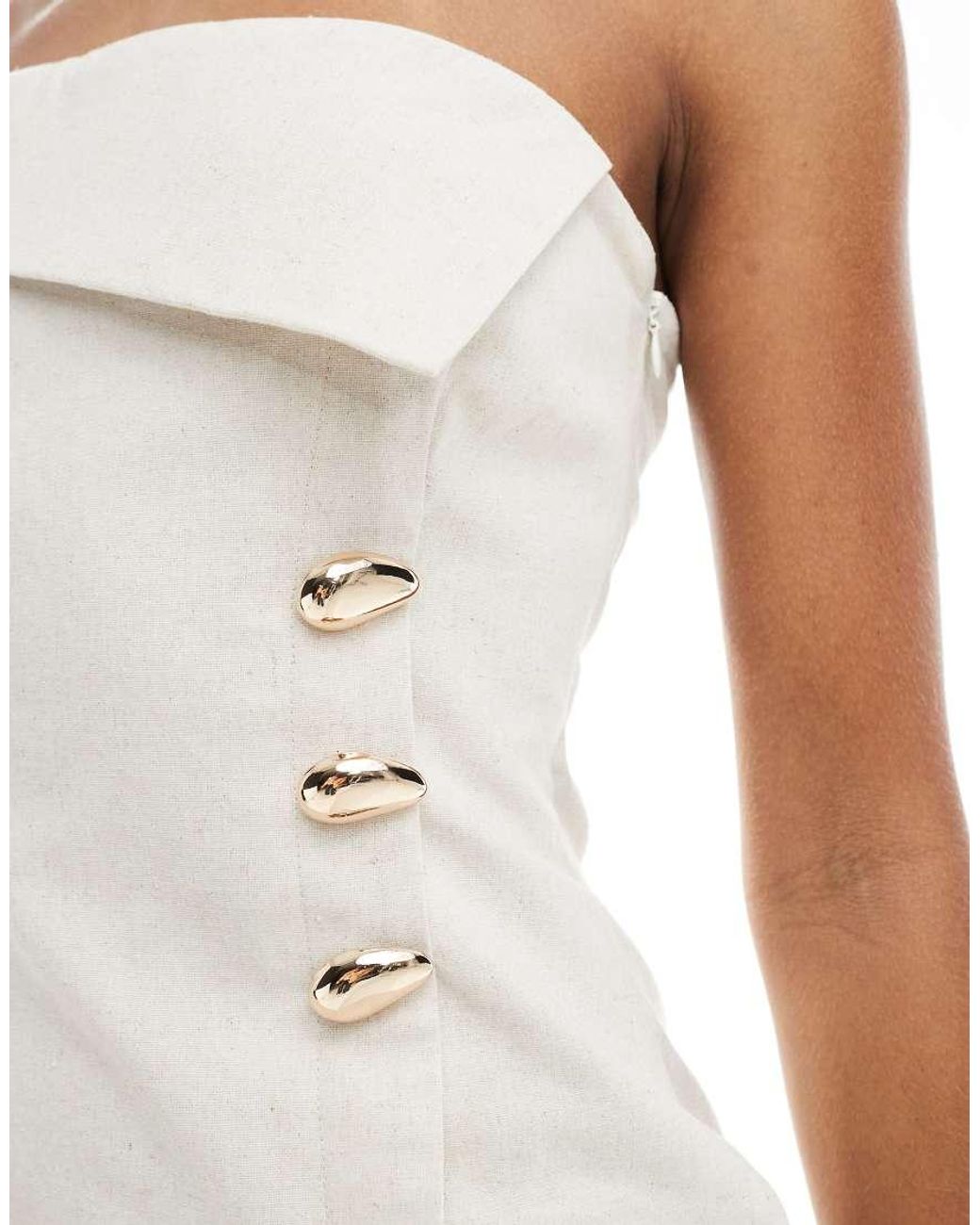 4th & Reckless White Linen Blend Bandeau Foldover Gold Button Detail Maxi Dress