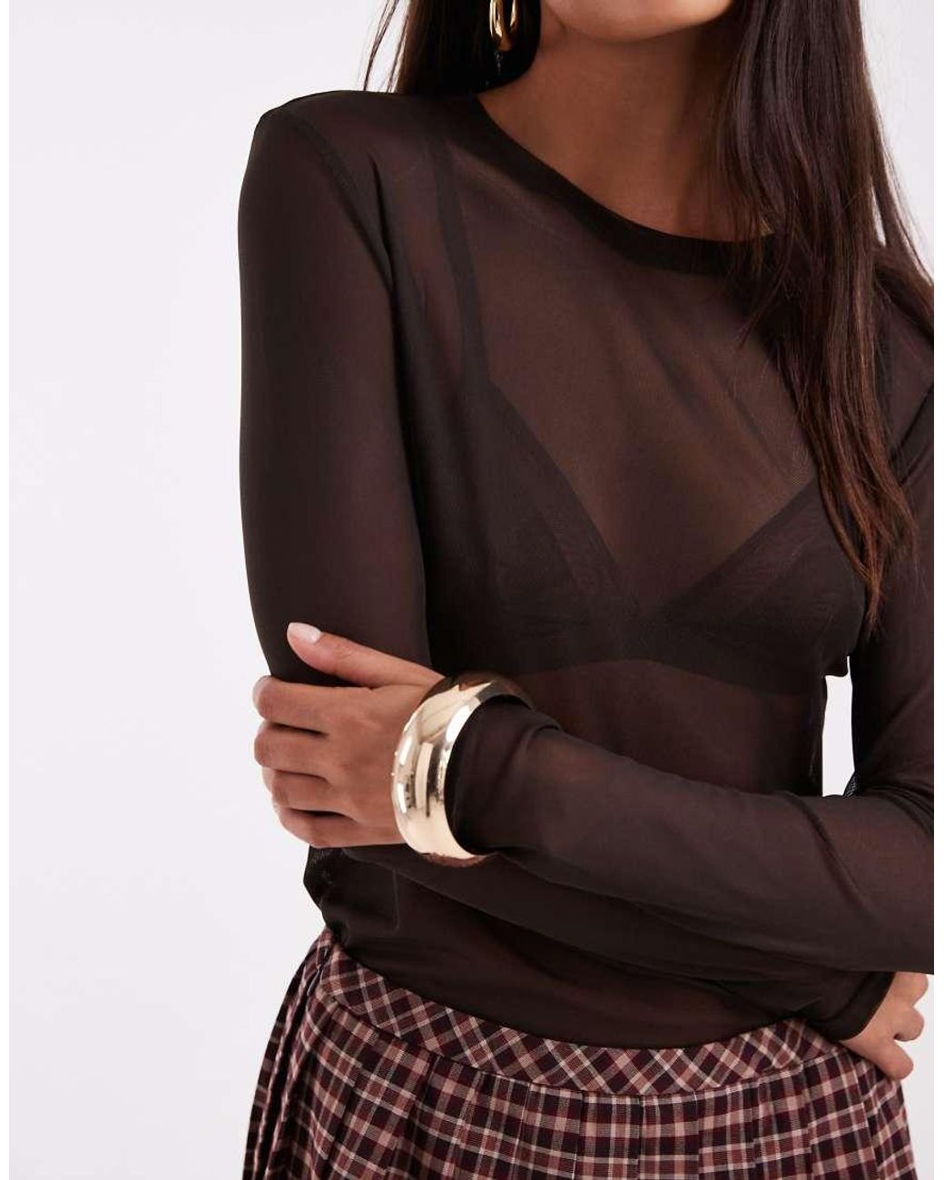 Vero Moda Brown Sheer Long Sleeve Mesh Top