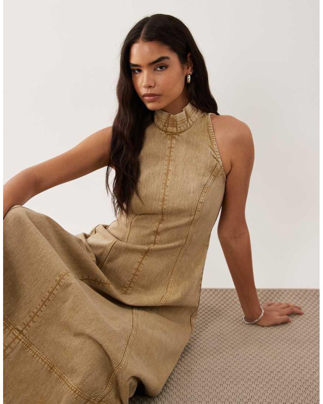 ASOS Natural Twill Funnel Neck Seamed Maxi Dress