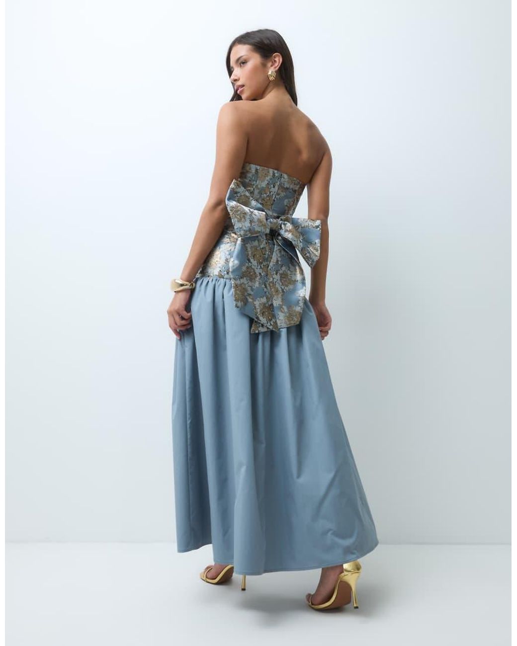 ASOS Blue Jacquard Bodice Drop Waist Maxi Dress With Bow Back