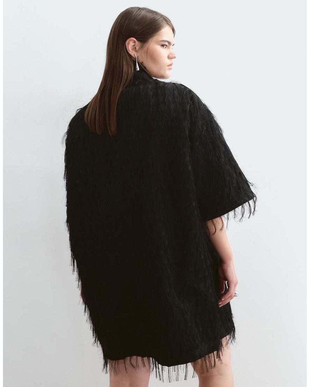 ARRANGE Black Curve Fringe High Neck T-shirt Sleeve Mini Dress