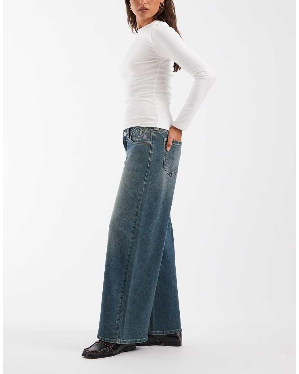 Hollister Blue Ultra Low Rise baggy Fit Jeans With Embroidery Detail
