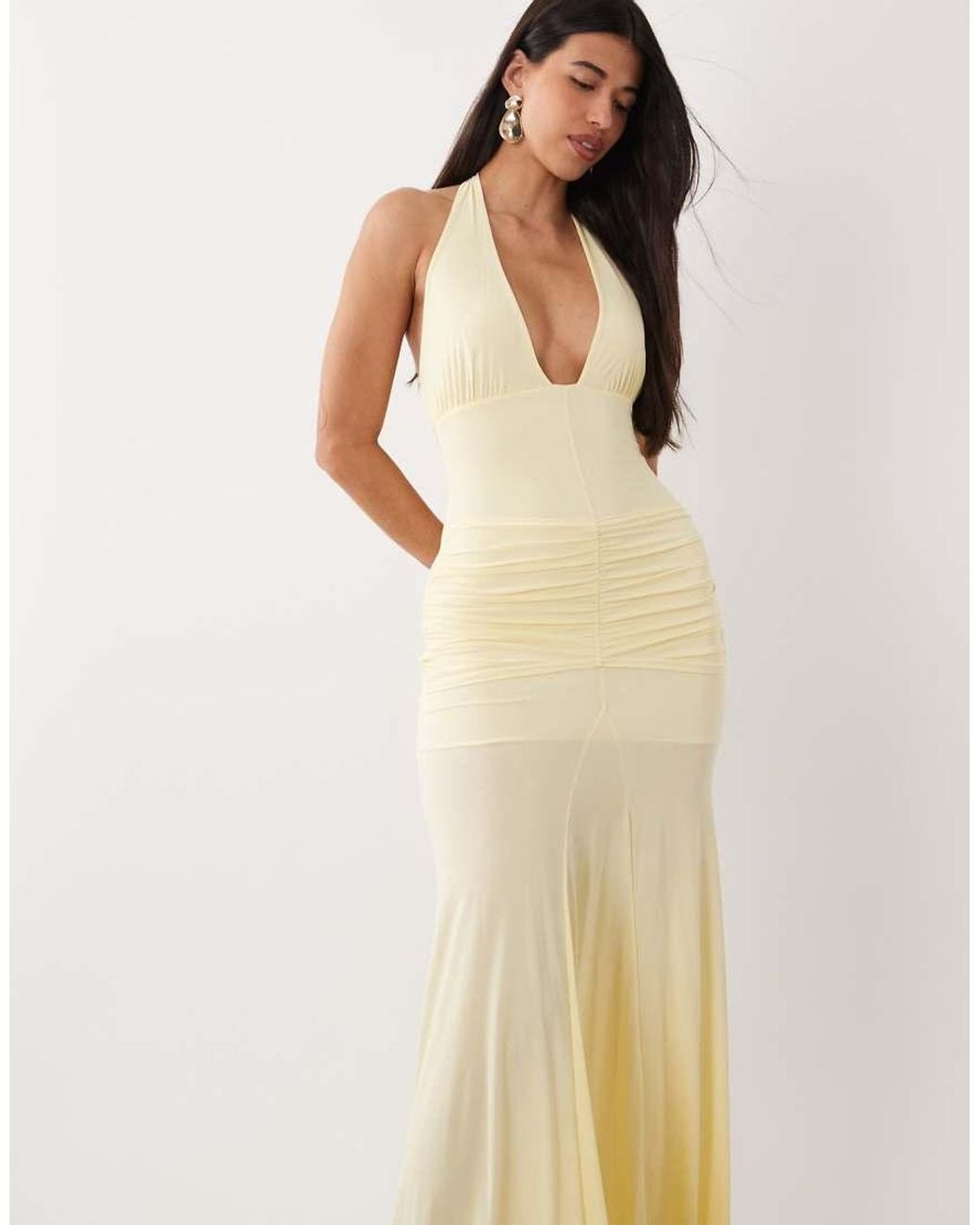Fashionkilla Natural Exclusive Double Sculpted Slinky V Neck Halterneck Ruched Front Detail Maxi Dress