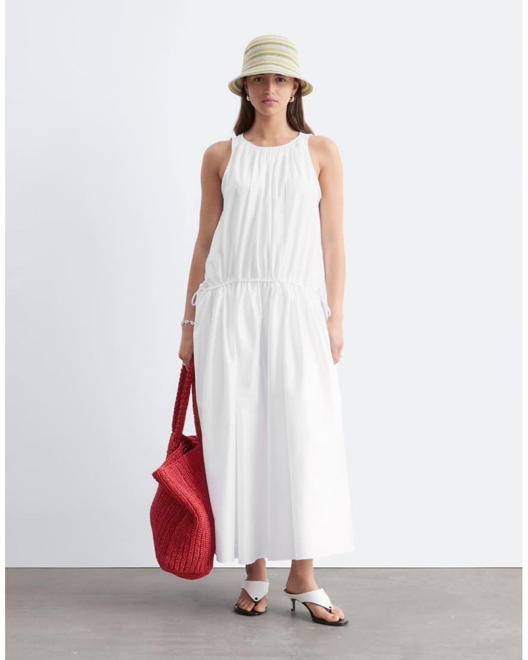 & Other Stories White Pure Cotton Trapeze Midaxi Dress With Dropped Waist