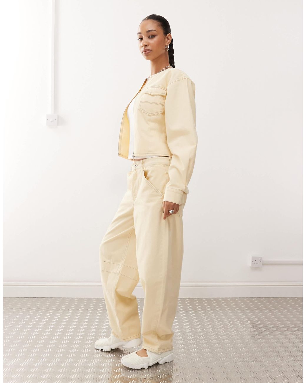 Collusion Natural Denim Fitted Jacket With Cinch-back Buckle