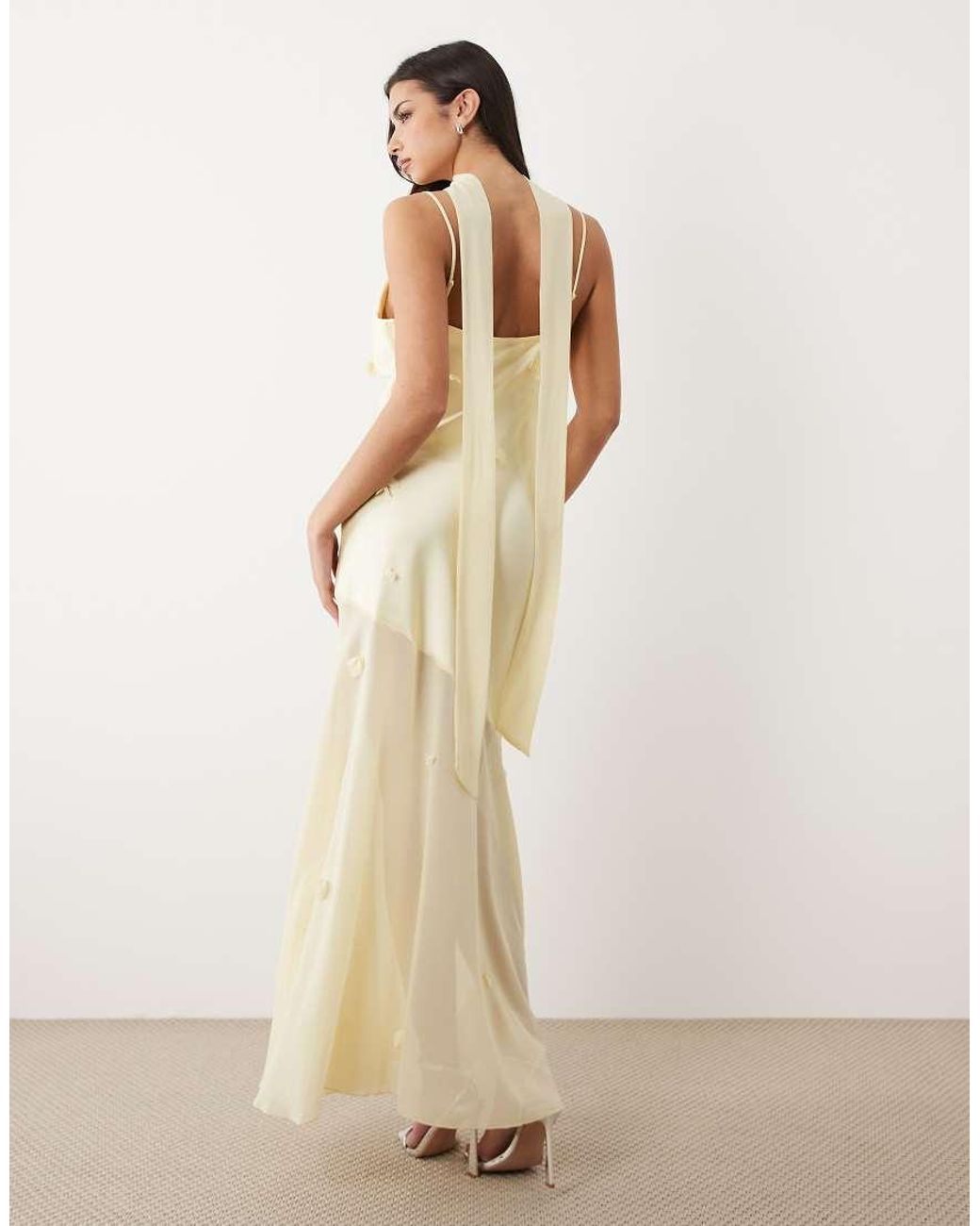 Gina Tricot Natural 3d Floral Cowl Neck Sheer Maxi Dress