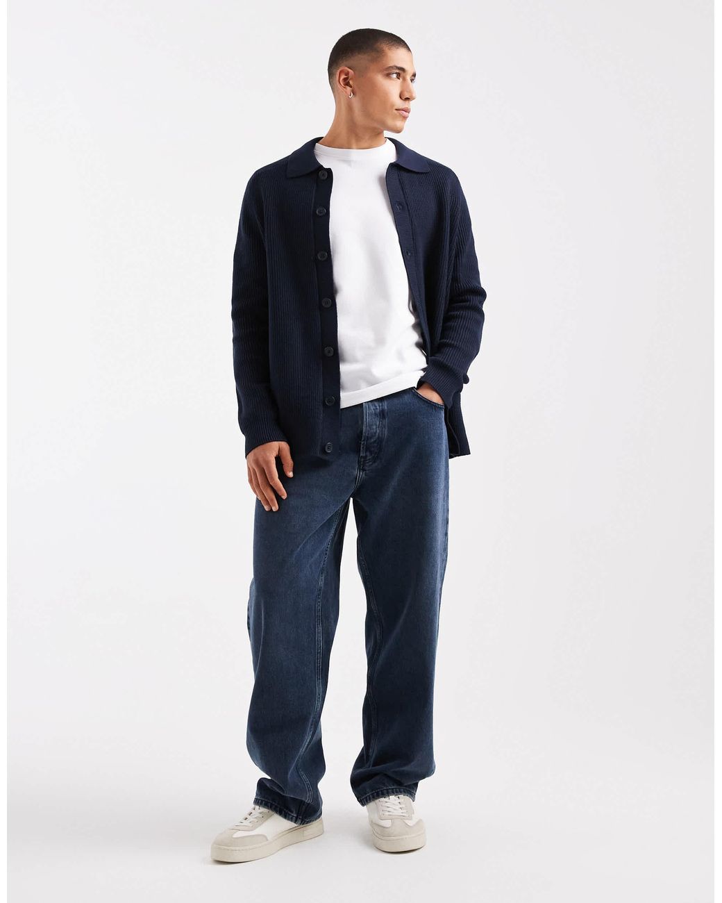 Threadbare Blue Knitted Button Down Cardigan With Collar for men