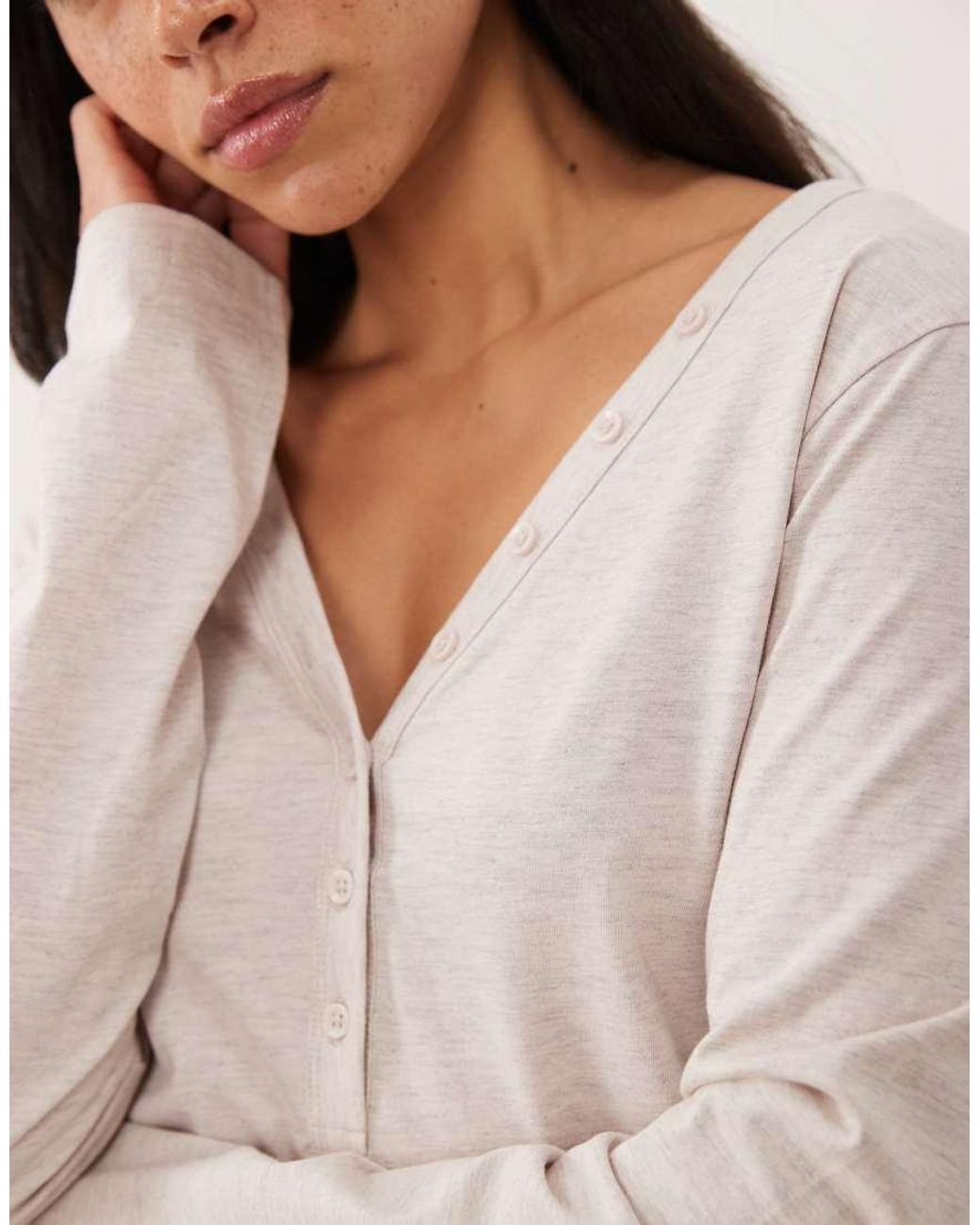 ASOS Natural Mix & Match Long Sleeve Plunge Henley Pyjama Top