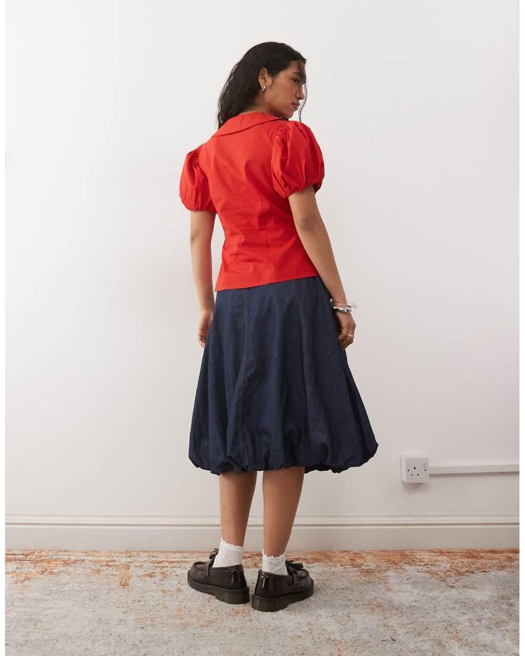 Reclaimed Vintage Blue Puffball Denim Midi Skirt