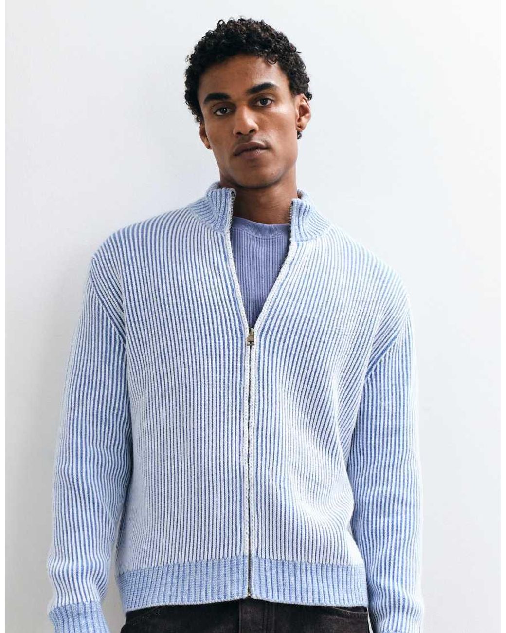 ASOS Blue Knitted Oversized Zip Through Ribbed Funnel Neck for men