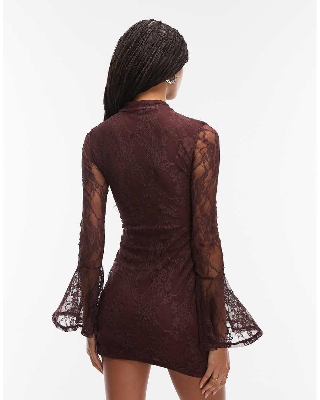 ASOS Red Lace Mini Flute Sleeve Dress With Mandarin Collar