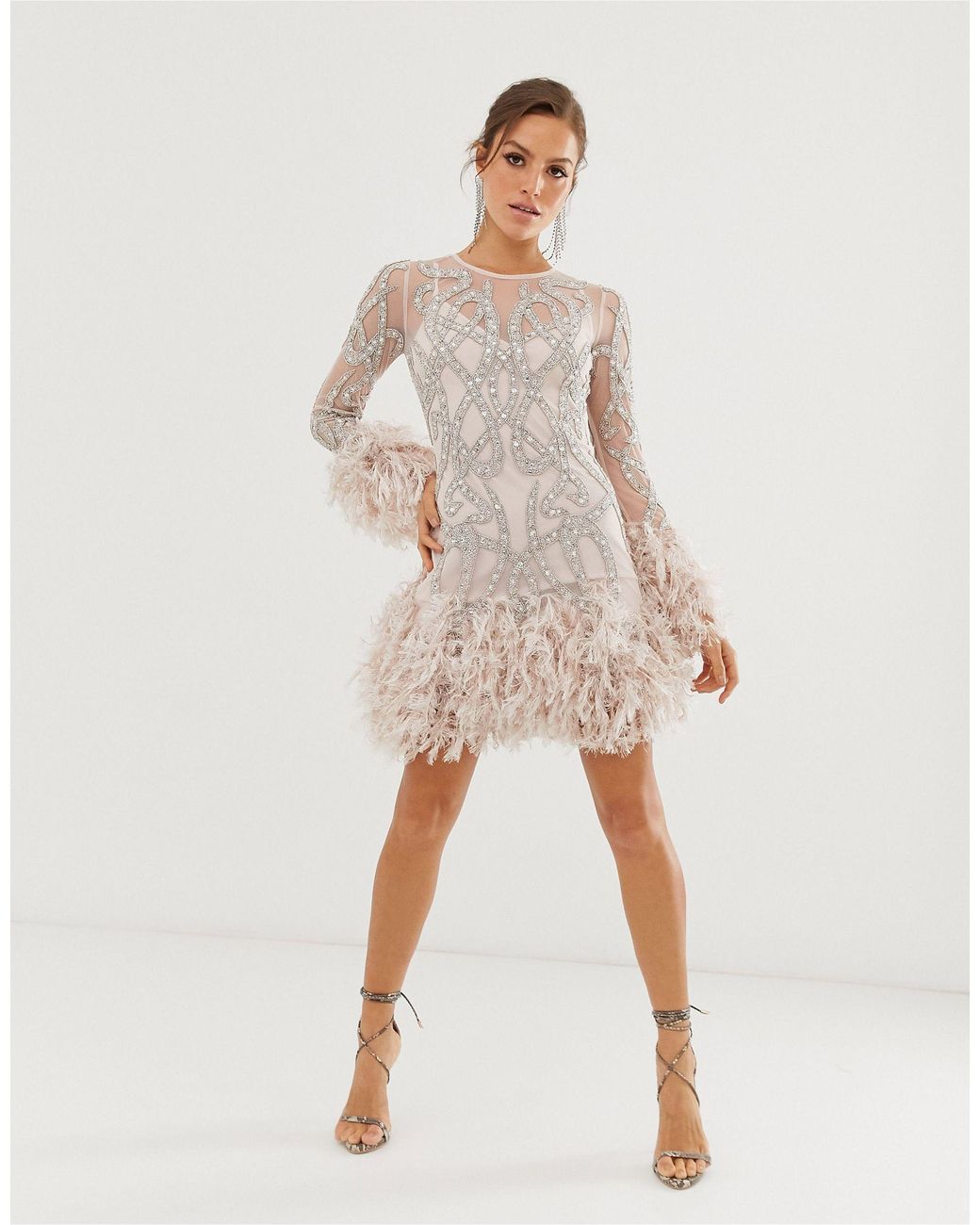 asos edition crystal and bead mini dress ASOS EDITION crystal and bead mini dress with faux feather hem in cornflower blue
