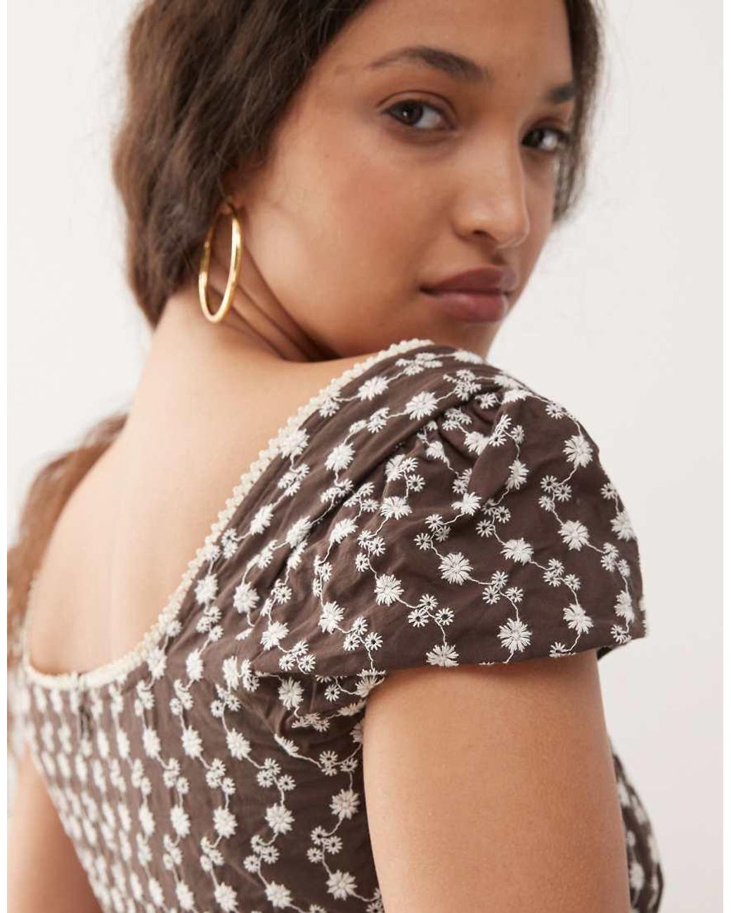 Motel Brown Bella Broderie Scoop Neck Mini Dress