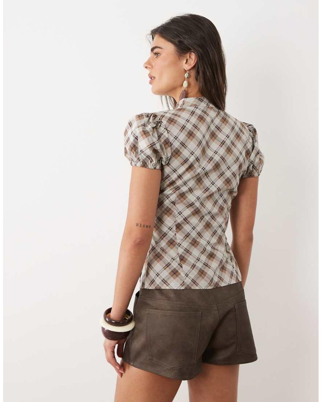 Motel Brown Yasuda Angled Check Blouse