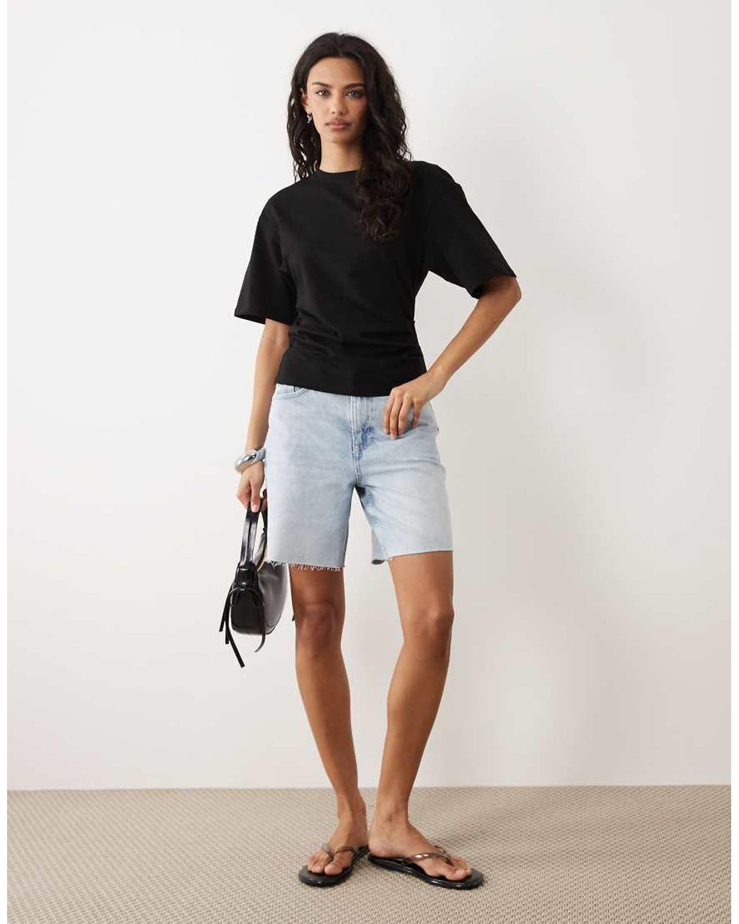 Mango Black 100% Cotton Ruched Side T-shirt